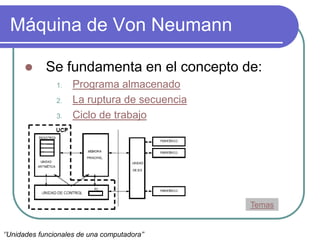 Máquina de Von Neumann
 Se fundamenta en el concepto de:
1. Programa almacenado
2. La ruptura de secuencia
3. Ciclo de trabajo
Temas
‘’Unidades funcionales de una computadora’’
 