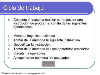 Ciclo de trabajo
 Conjunto de pasos a realizar para ejecutar una
instrucción de programa, consta de las siguientes
operaciones:
1. Mientras haya instrucciones
2. Tomar de la memoria la siguiente instrucción.
3. Decodificar la instrucción.
4. Tomar de la memoria él o los operandos asociados.
5. Ejecutar la operación.
6. Almacenar en memoria los resultados.
Maquina de
Von Newman
‘’Unidades funcionales de una computadora’’
 