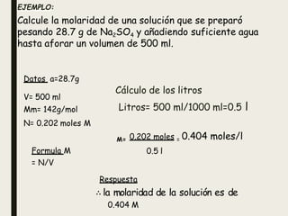 EJEMPLO:
Cálculo de los litros
Litros= 500 ml/1000 ml=0.5 l
Calcule la molaridad de una solución que se preparó
pesando 28.7 g de Na2SO4 y añadiendo suficiente agua
hasta aforar un volumen de 500 ml.
Datos a=28.7g
V= 500 ml
Mm= 142g/mol
N= 0.202 moles M
M= 0.202 moles = 0.404 moles/l
0.5 l
Respuesta
∴ la molaridad de la solución es de
0.404 M
Formula M
= N/V
 