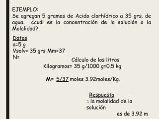 EJEMPLO:
Se agregan 5 gramos de Acido clorhídrico a 35 grs. de
agua. ¿cuál es la concentración de la solución o la
Molalidad?
Datos
a=5 g
Vsolv= 35 grs Mm=37
N=
Respuesta
∴ la molalidad de la
solución
es de 3.92 m
Cálculo de los litros
Kilogramos= 35 g/1000 g=0.5 kg
M= 5/37 moles 3.92moles/Kg.
 