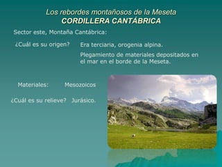 Los rebordes montañosos de la MesetaCORDILLERA CANTÁBRICASector este, Montaña Cantábrica:¿Cuál es su origen?Era terciaria, orogenia alpina.Plegamiento de materiales depositados en el mar en el borde de la Meseta.Materiales:Mesozoicos¿Cuál es su relieve?Jurásico.
