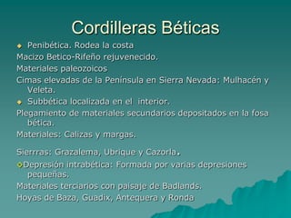 Cordillera costero catalanaTransformación de la zona oriental de los Pirineos.Formada terciaria, alpina.Se separa de él por fallas que dieron lugar a una zona volcánica.(Olot)Materiales: Norte paleozoica, restos del macizo herciniano catalano- balear.Sur: Calizos, plegamientos de materiales secundarios. Presenta dos alineaciones y una depresión interior.Costa, escasa altura: Altos del Garraf.Interior: Montseny y Montserrat.Depresión: Materiales terciarios y cuaternarios. Suaves colinas y valles.