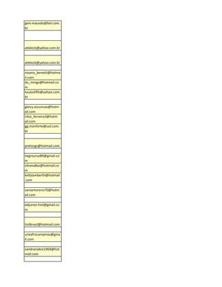 geni.macedo@bol.com.
br




atlekick@yahoo.com.br



atlekick@yahoo.com.br

rosana_benetti@hotma
il.com
du_mingo@hotmail.co
m
lucasstiffe@yahoo.com.
br

gleicy.assuncao@hotm
ail.com
nilza_ferreira3@hotm
ail.com
gg.monforte@uol.com.
br



pretocgs@hotmail.com

negrourso89@gmail.co
m
silvana8as@hotmail.co
m
kellylamberth@hotmail
.com

vaniamoreno70@hotm
ail.com

edjunior.hist@gmail.co
m



tisilbrasil@hotmail.com

uneafrocampinas@gma
il.com

sandranobre1904@hot
mail.com
 