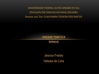 UNIVERSIDADE FEDERAL DO RIO GRANDE DO SUL
EDUCAÇÃO EM CIENCIAS NATURAIS (EDU2066)
Docente: prof. Dra. FLAVIA MARIA TEIXEIRA DOS SANTOS
UNIDADE TEMÁTICA
DENGUE
Jéssica Freitas
Valeska de Lima
 
