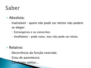 Absoluta: Inalistável – quem não pode ser eleitor não podem se eleger: Estrangeiros e os conscritos Analfabeto – pode votar, mas não pode ser eleito. Relativo: Decorrência da função exercida; Grau de parentesco; Candidato militar... 
