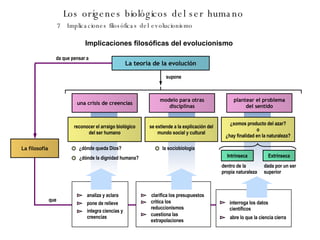 Los orígenes biológicos del ser humano 7 Implicaciones filosóficas del evolucionismo ¿somos producto del azar? o ¿hay finalidad en la naturaleza? Implicaciones filosóficas del evolucionismo La teoría de la evolución supone una crisis de creencias plantear el problema del sentido modelo para otras disciplinas reconocer el arraigo biológico del ser humano se extiende a la explicación del mundo social y cultural ¿dónde queda Dios? ¿dónde la dignidad humana? la sociobiología Intrínseca Extrínseca dentro de la  propia naturaleza dada por un ser superior La filosofía da que pensar a que analiza y aclara pone de relieve integra ciencias y  creencias clarifica los presupuestos critica los reduccionismos cuestiona las extrapolaciones interroga los datos  científicos abre lo que la ciencia cierra 