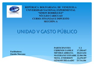 UNIDAD V GASTO PÚBLICO
REPÚBLICA BOLIVARIANA DE VENEZUELA
UNIVERSIDAD NACIONAL EXPERIMENTAL
“SIMON RODRÍGUEZ”
NÚCLEO CARICUAO
CURSO: FINANZAS E IMPUESTO
SECCIÓN: A
PARTICIPANTES C.I
CHIRINOS YAMILE 17.250.447
MÉNDEZ ADRIANA 20.613.434
MATERANO YONAIRE 22.566.186
MOTA ENDERSON 22.670.187
GÉNESIS DELGADO 23.714.184
Facilitadora:
Oneida Marcano
 