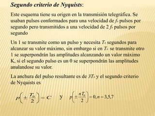 Segundo criterio de Nyquists:Este esquema tiene su origen en la transmisión telegráfica. Se usaban pulsos conformados para una velocidad de f0pulsos por segundo pero transmitidos a una velocidad de 2 f0pulsos por segundoUn 1 se transmite como un pulso y necesita T0segundos para alcanzar su valor máximo, sin embargo si en T0 se transmite otro 1 se superpondrán las amplitudes alcanzando un valor máximo K, si el segundo pulso es un 0 se superpondrán las amplitudes anulandose su valor.La anchura del pulso resultante es de 3T0 y el segundo criterio de Nyquists esy