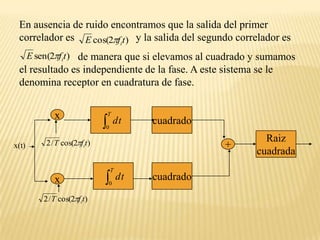 cuadradoxRaizcuadrada+cuadradoxEn ausencia de ruido encontramos que la salida del primer correlador es                       y la salida del segundo correlador es                      de manera que si elevamos al cuadrado y sumamos el resultado es independiente de la fase. A este sistema se le denomina receptor en cuadratura de fase.x(t)