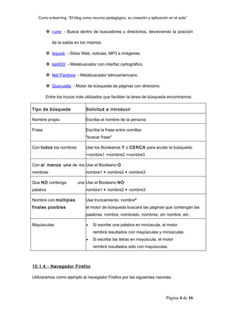 Curso e-learning: “El blog como recurso pedagógico, su creación y aplicación en el aula”


         i-une - Busca dentro de buscadores y directorios, devolviendo la posición

           de la salida en los mismos.

         Ixquick - Sitios Web, noticias, MP3 e imágenes.

         kartOO - Metabuscador con interfaz cartográfico.

         Net Pandora - Metabuscador latinoamericano.

         Quevuelta - Motor de búsqueda de páginas con directorio.

        Entre los trucos más utilizados que facilitan la tarea de búsqueda encontramos:


Tipo de búsqueda               Solicitud a introducir

Nombre propio                  Escriba el nombre de la persona

Frase                          Escriba la frase entre comillas
                               "buscar frase"

Con todos los nombres          Use los Booleanos Y o CERCA para acotar la búsqueda:
                               +nombre1 +nombre2 +nombre3

Con al menos uno de los Use el Booleano O
nombres                        nombre1 + nombre2 + nombre3

Que NO contenga           una Use el Booleano NO
palabra                        nombre1 + nombre2 + nombre3

Nombre con múltiples           Use truncamiento: nombre*
finales posibles               el motor de búsqueda buscará las páginas que contengan las
                               palabras: nombre, nombrado, nombres, sin nombre, etc.

Mayúsculas                     •   Si escribe una palabra en minúscula, el motor
                                   remitirá resultados con mayúsculas y minúsculas.
                               •   Si escribe las letras en mayúscula, el motor
                                   remitirá resultados sólo con mayúsculas.



10.1.4 - Navegador Firefox

Utilizaremos como ejemplo al navegador Firefox por las siguientes razones:



                                                                              Página 4 de 16
 