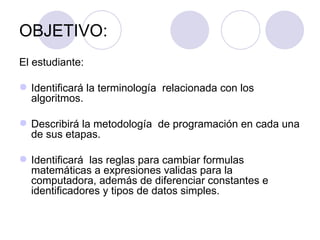 OBJETIVO: El estudiante: Identificará la terminología  relacionada con los algoritmos. Describirá la metodología  de programación en cada una de sus etapas. Identificará  las reglas para cambiar formulas matemáticas a expresiones validas para la computadora, además de diferenciar constantes e identificadores y tipos de datos simples. 