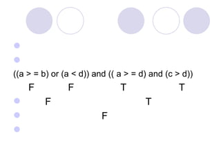     ((a > = b) or (a < d)) and (( a > = d) and (c > d))   F   F   T   T F     T F 