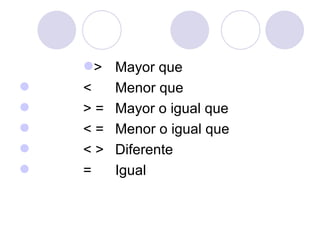 > Mayor que < Menor que > = Mayor o igual que < =  Menor o igual que < > Diferente = Igual 