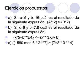 Ejercicios propuestos: a)  Si  a=5 y b=16 cuál es el resultado de la siguiente expresión: (A**2) > (B*2) b)  Si x=6 y b=7.8 cuál es el resultado de la siguiente expresión: (x*5+b**3/4) <= (x** 3 div b) c) ((1580 mod 6 * 2 **7) > (7+8 * 3 ** 4) 