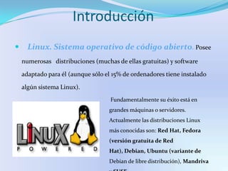 Introducción   Interfaz de línea de comandos.- Es una manera de interactuar con la computadora en el cual los comandos son introducidos como textos (secuencia de caracteres) a través del teclado, y la salida es recibida también como texto.IntroducciónInterfaz de usuarios: GUI    Es una manera de interactuar con la computadora a través de la manipulación directa de imágenes gráficas. GUI despliega elementos visuales tales como íconos, ventanas, menús en los cuales el usuario solamente va seleccionando dando un clic o doble clic, dependiendo de sus necesidades.