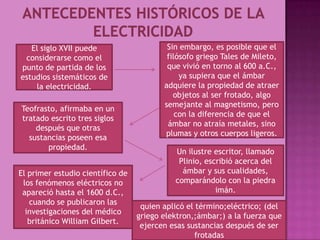 Antecedentes históricos de la electricidadSin embargo, es posible que el filósofo griego Tales de Mileto, que vivió en torno al 600 a.C., ya supiera que el ámbar adquiere la propiedad de atraer objetos al ser frotado, algo semejante al magnetismo, pero con la diferencia de que el ámbar no atraía metales, sino plumas y otros cuerpos ligeros.El siglo XVII puede considerarse como el punto de partida de los estudios sistemáticos de la electricidad.Teofrasto, afirmaba en un tratado escrito tres siglos después que otras sustancias poseen esa propiedad.Un ilustre escritor, llamado Plinio, escribió acerca del ámbar y sus cualidades, comparándolo con la piedra imán.El primer estudio científico de los fenómenos eléctricos no apareció hasta el 1600 d.C., cuando se publicaron las investigaciones del médico británico William Gilbert.quien aplicó el término;eléctrico; (del griego elektron,;ámbar;) a la fuerza que ejercen esas sustancias después de ser frotadas