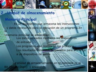 Memoria Principal Es un dispositivo que almacena las instrucciones y datos necesarias para la ejecución de un programa.En la memoria principal se almacenan: La unidad de almacenamiento en la memoria es el Bit (Binary Digit): 1 encendido  0 apagado Los datos enviados mediante los dispositivos de entrada Los programas que realizarán los procesos Los resultados obtenidos preparados para enviarlos  a un dispositivo de salida 2.-Unidad de almacenamiento 