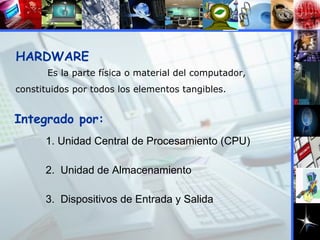 HARDWARE Es la parte física o material del computador,  constituidos por todos los elementos tangibles. Integrado por: 1. Unidad Central de Procesamiento (CPU) ‏ 2.  Unidad de Almacenamiento 3.  Dispositivos de Entrada y Salida 