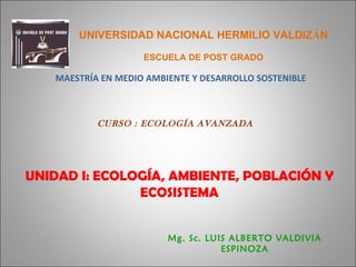 UNIVERSIDAD NACIONAL HERMILIO VALDIZ Á N ESCUELA DE POST GRADO MAESTRÍA EN MEDIO AMBIENTE Y DESARROLLO SOSTENIBLE CURSO : ECOLOGÍA AVANZADA UNIDAD I:  ECOLOGÍA, AMBIENTE, POBLACIÓN Y ECOSISTEMA Mg. Sc. LUIS ALBERTO VALDIVIA ESPINOZA 