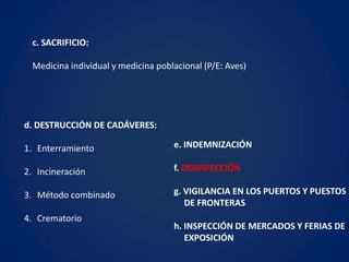 c. SACRIFICIO:

  Medicina individual y medicina poblacional (P/E: Aves)




d. DESTRUCCIÓN DE CADÁVERES:

1. Enterramiento                     e. INDEMNIZACIÓN

2. Incineración                      f. DESINFECCIÓN

3. Método combinado                  g. VIGILANCIA EN LOS PUERTOS Y PUESTOS
                                        DE FRONTERAS
4. Crematorio
                                     h. INSPECCIÓN DE MERCADOS Y FERIAS DE
                                        EXPOSICIÓN
 