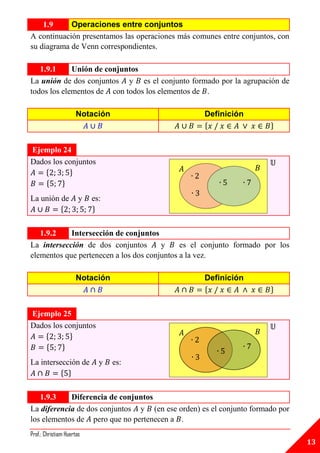 1.9     Operaciones entre conjuntos
A continuación presentamos las operaciones más comunes entre conjuntos, con
su diagrama de Venn correspondientes.

   1.9.1     Unión de conjuntos
La unión de dos conjuntos y es el conjunto formado por la agrupación de
todos los elementos de con todos los elementos de .

                      Notación                     Definición
                                                   {                  }


Ejemplo 24
Dados los conjuntos                                                   𝕌
                                           𝐴                      𝐵
    {      }                                   ∙
    {    }                                                ∙   ∙
                                               ∙
La unión de            y   es:
         {                 }

   1.9.2    Intersección de conjuntos
La intersección de dos conjuntos       y     es el conjunto formado por los
elementos que pertenecen a los dos conjuntos a la vez.

                      Notación                     Definición
                                                   {                  }


Ejemplo 25
Dados los conjuntos                                                   𝕌
                                           𝐴                      𝐵
    {      }                                   ∙
    {    }                                                    ∙
                                                      ∙
                                               ∙
La intersección de           y   es:
          { }

   1.9.3    Diferencia de conjuntos
La diferencia de dos conjuntos y (en ese orden) es el conjunto formado por
los elementos de pero que no pertenecen a .
Prof.: Christiam Huertas
                                                                              13
 