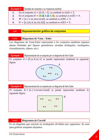 Ejemplo 6 Ejemplos de conjuntos y su respectivo cardinal.
  1.   En el conjunto       {           }, su cardinal es              .
  2.   En el conjunto        {                 }, su cardinal es             .
  3.        {                      }, su cardinal es             .
  4.        { { } {         } { }}, su cardinal es               .


      1.4          Representación gráfica de conjuntos

   1.4.1    Diagramas de Venn – Euler
Los diagramas de Venn-Euler representan a los conjuntos mediante regiones
planas limitadas por figuras geométricas cerradas (triángulos, rectángulos,
circunferencias, elipses, etc.).

 Ejemplo 7             Representación de un conjunto por un diagrama de Venn-Euler
El conjunto                {              } se puede representar mediante la siguiente
figura.
                                                          𝐴


                                                𝑚
                                           𝑎



 Ejemplo 8 Representación de un conjunto por un diagrama de Venn-Euler
El conjunto       {                     } se puede representar mediante la
siguiente figura.
                                                           𝐵
                                 𝑎                  𝑢
                                           𝑖

                                           𝑒          𝑜




   1.4.2     Diagramas de Carroll
Es un diagrama que consiste en rectángulos divididos por segmentos. Se usan
para graficar conjuntos disjuntos.

Prof.: Christiam Huertas
                                                                                         5
 