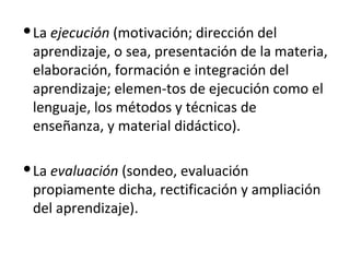  La ejecución (motivación; dirección del
  aprendizaje, o sea, presentación de la materia,
  elaboración, formación e int...