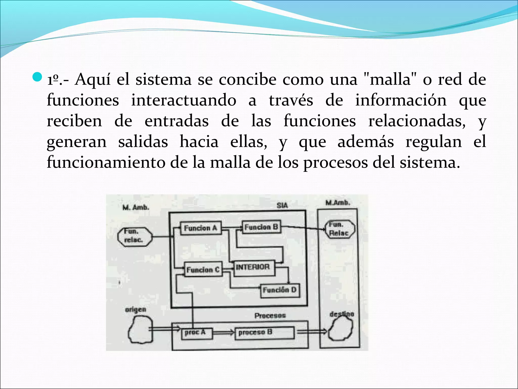 1º.- Aquí el sistema se concibe como una "malla" o red de
 funciones interactuando a través de información que
 reciben de entradas de las funciones relacionadas, y
 generan salidas hacia ellas, y que además regulan el
 funcionamiento de la malla de los procesos del sistema.
 