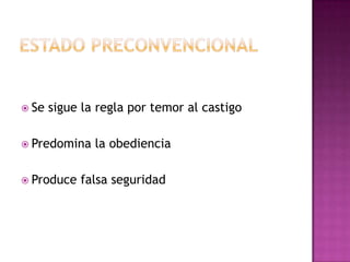  Se sigue la regla por temor al castigo
 Predomina la obediencia
 Produce falsa seguridad
 