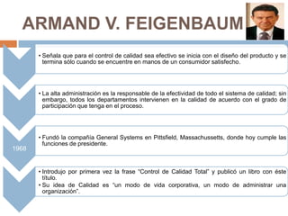 ARMAND V. FEIGENBAUM
• Señala que para el control de calidad sea efectivo se inicia con el diseño del producto y se
termina sólo cuando se encuentre en manos de un consumidor satisfecho.
• La alta administración es la responsable de la efectividad de todo el sistema de calidad; sin
embargo, todos los departamentos intervienen en la calidad de acuerdo con el grado de
participación que tenga en el proceso.
1968
• Fundó la compañía General Systems en Pittsfield, Massachussetts, donde hoy cumple las
funciones de presidente.
• Introdujo por primera vez la frase “Control de Calidad Total” y publicó un libro con éste
título.
• Su idea de Calidad es “un modo de vida corporativa, un modo de administrar una
organización”.
 