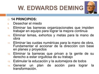 W. EDWARDS DEMING
 14 PRINCIPIOS:
8. Desechar el miedo
9. Eliminar las barreras organizacionales que impiden
trabajar en equipo para lograr la mejora continua
10. Eliminar lemas, exhortos y metas para la mano de
obra
11. Eliminar las cuotas numéricas para la mano de obra,
Fundamentar el accionar de la dirección con base
en planes y proyectos
12. Eliminar la barreras que privan a la gente de su
derecho a estar orgullosa de su trabajo
13. Estimular la educación y la automejora de todos
14. Generar un plan de acción para lograr la
transformación.
 