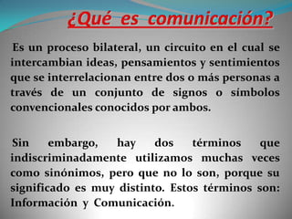 Es un proceso bilateral, un circuito en el cual se
intercambian ideas, pensamientos y sentimientos
que se interrelacionan entre dos o más personas a
través de un conjunto de signos o símbolos
convencionales conocidos por ambos.
Sin
embargo,
hay
dos
términos
que
indiscriminadamente utilizamos muchas veces
como sinónimos, pero que no lo son, porque su
significado es muy distinto. Estos términos son:
Información y Comunicación.

 