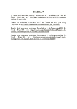 BIBLIOGRAFÍA
¿Qué es la cadena de suministro?. Consultado el 12 de Febrero de 2014. [En
línea]. Disponible en: http://www.degerencia.com/noticia/36661/que-es-la-
cadena-de-suministro
Cadena de suministro. Consultado el 12 de Febrero de 2014. [En línea].
Disponible en: http://www.degerencia.com/tema/cadena_de_suministro
Gestión de la cadena de suministro. Consultado el 12 de Febrero de 2014. [En
línea]. Disponible en: http://www.monografias.com/trabajos94/gestion-de-
cadena-suministro/gestion-de-cadena-suministro.shtml
Gestión de la cadena de suministro. Consultado el 13 de Febrero de 2014. [En
línea]. Disponible en: http://www.slideshare.net/kiberley/supply-chain-
management-scm-o-gestin-de-la-cadena-de-suministro-3602900
 