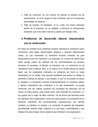  Falta de incentivos: Es una manera de retribuir el esfuerzo de los 
subordinados, no se le otorga en todo momento, pero sí en ocasiones 
para festejar su esfuerzo. 
 Falta de liquidez: El trabajador, al no contar con dinero suficiente 
dentro de la empresa, se ve obligado a disminuir la productividad 
pensando que no le darán más de su salario por trabajar tanto. 
Problemas de desarrollo laboral relacionados 
con la motivación. 
En todos los ámbitos de la existencia humana interviene la motivación como 
mecanismo para lograr determinados objetivos y alcanzar determinadas 
metas, ya que representa un fenómeno humano universal de gran 
trascendencia para los individuos y la sociedad, es un tema de interés para 
todos porque puede ser utilizada por los administradores de recursos 
humanos, el psicólogo, el filósofo, el educador, etc. La motivación es de 
importancia para cualquier área, si se aplica en el ámbito laboral se puede 
lograr que los empleados motivados, se esfuercen por tener un mejor 
desempeño en su trabajo. Una persona satisfecha que estima su trabajo, lo 
transmite y disfruta de atender a sus clientes, si eso no es posible, al menos 
lo intentará. La motivación consiste fundamentalmente en mantener culturas 
y valores corporativos que conduzcan a un alto desempeño, se puede 
mencionar que las culturas positivas las construyen las personas, por tal 
motivo se debe pensar ¿qué puede hacer para estimular los individuos y a 
los grupos dar lo mejor de ellos mismos?, de tal forma que favorezca tanto 
los intereses de la organización como los suyos propios. La motivación es un 
elemento importante del comportamiento organizacional, que permite 
canalizar el esfuerzo, la energía y la conducta en general del trabajador, 
permitiéndole sentirse mejor respecto a lo que hace y estimulándolo a que 
trabaje más para el logro de los objetivos que interesan a la organización. 
12 | P á g i n a 
 