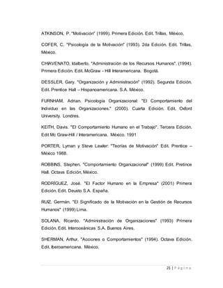 ATKINSON, P. "Motivación" (1999). Primera Edición. Edit. Trillas, México, 
COFER, C. "Psicología de la Motivación" (1993). 2da Edición. Edit. Trillas, 
México. 
CHIAVENATO, ldalberto. "Administración de los Recursos Humanos". (1994). 
Primera Edición. Edit. McGraw - Hill Interamericana. Bogotá. 
DESSLER, Gary. "Organización y Administración" (1992). Segunda Edición. 
Edit. Prentice Hall – Hispanoamericana. S.A. México. 
FURNHAM, Adrian. Psicología Organizacional: "El Comportamiento del 
Individuo en las Organizaciones." (2000). Cuarta Edición. Edit. Oxford 
University. Londres. 
KEITH, Davis. "El Comportamiento Humano en el Trabajo". Tercera Edición. 
Edit Mc Graw-Hill / Interamericana. México. 1991 
PORTER, Lyman y Steve Lawler: "Teorías de Motivación" Edit. Prentice – 
México 1988. 
ROBBINS, Stephen. "Comportamiento Organizacional" (1999) Edit. Pretince 
Hall. Octava Edición, México. 
RODRÍGUEZ, José. "El Factor Humano en la Empresa" (2001) Primera 
Edición. Edit. Deusto S.A. España. 
RUIZ, Germán. "El Significado de la Motivación en la Gestión de Recursos 
Humanos" (1999) Lima. 
SOLANA, Ricardo. "Administración de Organizaciones" (1993) Primera 
Edición. Edit. Interoceánicas S.A. Buenos Aires. 
SHERMAN, Arthur, "Acciones o Comportamientos" (1994). Octava Edición. 
Edit. Iberoamericana. México. 
21 | P á g i n a 
 