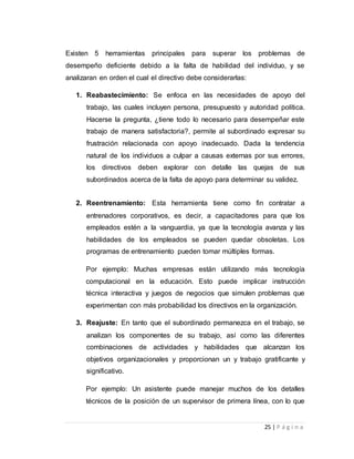 Existen 5 herramientas principales para superar los problemas de 
desempeño deficiente debido a la falta de habilidad del individuo, y se 
analizaran en orden el cual el directivo debe considerarlas: 
1. Reabastecimiento: Se enfoca en las necesidades de apoyo del 
trabajo, las cuales incluyen persona, presupuesto y autoridad política. 
Hacerse la pregunta, ¿tiene todo lo necesario para desempeñar este 
trabajo de manera satisfactoria?, permite al subordinado expresar su 
frustración relacionada con apoyo inadecuado. Dada la tendencia 
natural de los individuos a culpar a causas externas por sus errores, 
los directivos deben explorar con detalle las quejas de sus 
subordinados acerca de la falta de apoyo para determinar su validez. 
2. Reentrenamiento: Esta herramienta tiene como fin contratar a 
entrenadores corporativos, es decir, a capacitadores para que los 
empleados estén a la vanguardia, ya que la tecnología avanza y las 
habilidades de los empleados se pueden quedar obsoletas. Los 
programas de entrenamiento pueden tomar múltiples formas. 
Por ejemplo: Muchas empresas están utilizando más tecnología 
computacional en la educación. Esto puede implicar instrucción 
técnica interactiva y juegos de negocios que simulen problemas que 
experimentan con más probabilidad los directivos en la organización. 
3. Reajuste: En tanto que el subordinado permanezca en el trabajo, se 
analizan los componentes de su trabajo, así como las diferentes 
combinaciones de actividades y habilidades que alcanzan los 
objetivos organizacionales y proporcionan un y trabajo gratificante y 
significativo. 
Por ejemplo: Un asistente puede manejar muchos de los detalles 
técnicos de la posición de un supervisor de primera línea, con lo que 
25 | P á g i n a 
 