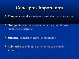 Conceptos importantesConceptos importantes
 Filogenia:Filogenia: estudia el origen y evolución de las especies.estudia el origen y evolución de las especies.
 Ontogenia:Ontogenia: modificaciones que sufre el ser humanomodificaciones que sufre el ser humano
durante su desarrollo.durante su desarrollo.
 Simetría:Simetría: semejanza entre los antímeros.semejanza entre los antímeros.
 Asimetría:Asimetría: cuando no existe semejanza entre loscuando no existe semejanza entre los
antímeros.antímeros.
 