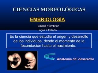 CIENCIAS MORFOLÓGICASCIENCIAS MORFOLÓGICAS
Es la ciencia que estudia el origen y desarrollo
de los individuos, desde el momento de la
fecundación hasta el nacimiento.
Embrio = embrión
Logos = tratado
EMBRIOLOGÍAEMBRIOLOGÍA
Anatomía del desarrolloAnatomía del desarrollo
 