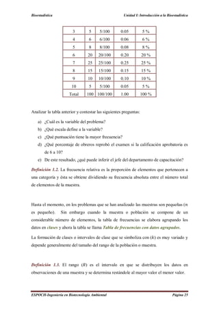 Bioestadística Unidad I: Introducción a la Bioestadística
ESPOCH-Ingeniería en Biotecnología Ambiental Página 25
3 5 5/100 0.05 5 %
4 6 6/100 0.06 6 %
5 8 8/100 0.08 8 %
6 20 20/100 0.20 20 %
7 25 25/100 0.25 25 %
8 15 15/100 0.15 15 %
9 10 10/100 0.10 10 %
10 5 5/100 0.05 5 %
Total 100 100/100 1.00 100 %
Analizar la tabla anterior y contestar las siguientes preguntas:
a) ¿Cuál es la variable del problema?
b) ¿Qué escala define a la variable?
c) ¿Qué puntuación tiene la mayor frecuencia?
d) ¿Qué porcentaje de obreros reprobó el examen si la calificación aprobatoria es
de 6 a 10?
e) De este resultado, ¿qué puede inferir el jefe del departamento de capacitación?
Definición 1.2. La frecuencia relativa es la proporción de elementos que pertenecen a
una categoría y ésta se obtiene dividiendo su frecuencia absoluta entre el número total
de elementos de la muestra.
Hasta el momento, en los problemas que se han analizado las muestras son pequeñas (
es pequeño). Sin embargo cuando la muestra o población se compone de un
considerable número de elementos, la tabla de frecuencias se elabora agrupando los
datos en clases y ahora la tabla se llama Tabla de frecuencias con datos agrupados.
La formación de clases o intervalos de clase que se simboliza con ( ) es muy variado y
depende generalmente del tamaño del rango de la población o muestra.
Definición 1.3. El rango ( ) es el intervalo en que se distribuyen los datos en
observaciones de una muestra y se determina restándole al mayor valor el menor valor.
 
