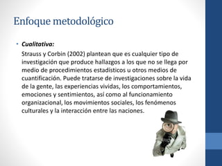 Enfoque metodológico
• Cualitativa:
Strauss y Corbin (2002) plantean que es cualquier tipo de
investigación que produce hallazgos a los que no se llega por
medio de procedimientos estadísticos u otros medios de
cuantificación. Puede tratarse de investigaciones sobre la vida
de la gente, las experiencias vividas, los comportamientos,
emociones y sentimientos, así como al funcionamiento
organizacional, los movimientos sociales, los fenómenos
culturales y la interacción entre las naciones.
 