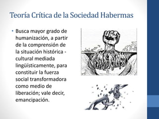 Teoría Crítica de la Sociedad Habermas
• Busca mayor grado de
humanización, a partir
de la comprensión de
la situación histórica -
cultural mediada
lingüísticamente, para
constituir la fuerza
social transformadora
como medio de
liberación; vale decir,
emancipación.
 