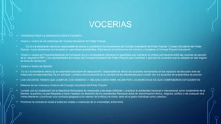 VOCERIAS
• VOCERIAS PARA LA ORGANIZACIÓN ESTUDIANTIL:
• Vocero o vocera de las instancias del Consejo Estudiantil del Poder Popular
• Es el o la estudiante (electo/a) responsable de activar y coordinar el funcionamiento del Consejo Estudiantil del Poder Popular Consejo Estudiantil del Poder
Popular, cuyas decisiones son tomadas en asambleas estudiantiles. Para asumir el compromiso de construir y fortalecer el Consejo Popular Estudiantil.
• Vocero o vocera de Programa Nacional de Formación Es el o la estudiante (electo/a) en asamblea que mantiene un enlace permanente entre las vocerías de sección
de su respectivo PNF y sus representados en el seno del Consejo Estudiantil del Poder Popular para coordinar y ejecutar los acuerdos que se adopten en ese órgano
de toma de decisiones
• Vocera o vocero de Sección
• Es la o el estudiante electo (a) en asamblea estudiantil de cada sección, responsable de elevar los acuerdos sancionados en los espacios de discusión ante las
instancias correspondientes. Es un activador y enlace comunicacional de la voluntad de los estudiantes para cumplir con los acuerdos de la asamblea de sección
• LOS VOCEROS TIENEN QUE CUMPLIR CON DEBERES Y OBLIGACIONES PARA VELAR POR LOS DERECHOS DE SUS COMPAÑEROS ESTUDIANTES
• Deberes de las Voceras y Voceros del Consejo Estudiantil del Poder Popular
• Cumplir con la Constitución de la República Bolivariana de Venezuela y las leyes.Defender y practicar la solidaridad nacional e internacional como fundamento de la
libertad, la justicia y la paz.Respetar y hacer respetar los derechos de los estudiantes.Rechazar actos de discriminación étnica, religiosa, política o de cualquier otra
índole.Mantener y promover una conducta apegada a los valores de la ética y la moral, tanto en el plano individual como colectivo.
• Promover la contraloría social a todos los niveles e instancias de la universidad, entre otros
 