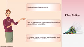 z
Fibra Óptica
Consta de tres secciones concéntricas.
Lleva un revestimiento de cristal o plástico con propiedades
ópticas distintas a las del núcleo.
La capa más exterior, que recubre una o más fibras, debe
ser de un material opaco y resistente.
MEDIOS DE TRANSMISIÓN
 