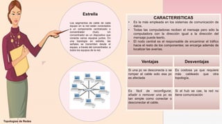 z
Topologías de Redes
Estrella
Los segmentos de cable de cada
equipo en la red están conectados
a un componente centralizado o
concentrador (hub). Un
concentrador es un dispositivo que
conecta varios equipos juntos. En
una topología en estrella, las
señales se transmiten desde el
equipo, a través del concentrador, a
todos los equipos de la red.
CARACTERISTICAS
• Es la más empleada en los sistemas de comunicación de
datos.
• Todas las computadoras reciben el mensaje pero sólo la
computadora con la dirección igual a la dirección del
mensaje puede leerlo.
• El nodo central es el responsable de encaminar el tráfico
hacia el resto de los componentes; se encarga además de
localizar las averías.
Ventajas Desventajas
Si una pc se desconecta o se
romper el cable solo esa pc
es afectada
Es costosa ya que requiere
más cableado que otra
topología.
Es fácil de reconfigurar,
añadir o remover una pc es
tan simple como conectar o
desconectar el cable.
Si el hub se cae, la red no
tiene comunicación
 