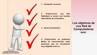 z
Los objetivos de
una Red de
Computadoras
son:
1. Compartir recursos
CONCEPTOS BÁSICOS Y
COMPONENTES DE UNA RED
2. Proporcionar una Alta
fiabilidad, al contar con fuentes
alternativas de suministro.
3. Ahorro Económico
4. Proporcionar un poderoso
Medio de comunicación entre
personas que se encuentran
muy alejadas entre si.
 