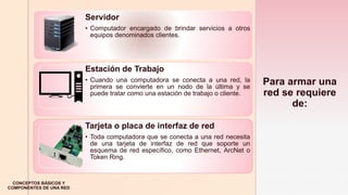 z
Para armar una
red se requiere
de:
CONCEPTOS BÁSICOS Y
COMPONENTES DE UNA RED
Medios
Servidor
• Computador encargado de brindar servicios a otros
equipos denominados clientes.
Estación de Trabajo
• Cuando una computadora se conecta a una red, la
primera se convierte en un nodo de la última y se
puede tratar como una estación de trabajo o cliente.
Tarjeta o placa de interfaz de red
• Toda computadora que se conecta a una red necesita
de una tarjeta de interfaz de red que soporte un
esquema de red específico, como Ethernet, ArcNet o
Token Ring.
 
