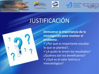 JUSTIFICACIÓN
Demostrar la importancia de la
investigación para resolver el
problema .
¿Por qué es importante estudiar
lo que se plantea?,
¿A quién le sirven los resultados?
¿Quiénes son los beneficiarios?
¿Qué es el valor teórico o
metodológico?
 