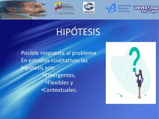 HIPÓTESIS
Posible respuesta al problema
En estudios cualitativos las
hipótesis son:
•Emergentes,
•Flexibles y
•Contextuales.
 