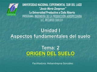 UNIVERSIDAD NACIONAL EXPERIMENTAL SUR DEL LAGO
“Jesús María Semprum”
La Universidad Productiva a Cielo Abierto
PROGRAMA: INGENIERÍA DE LA PRODUCCIÓN AGROPECUARIA
U.C. RECURSO SUELO I
Facilitadora: Hebandreyna González
 