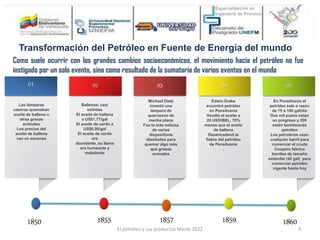 01 02 03 05
04
1850 1855 1857 1859 1860
Las lámparas
caseras quemaban
aceite de ballena u
otras grasas
animales
Los precios del
aceite de ballena
van en ascenso
Ballenas; casi
extintas
El aceite de ballena
a US$1,77/gal
El aceite de cerdo a
US$0,90/gal
El aceite de cerdo
era
abundante, su llama
era humeante y
maloliente
En Pensilvania el
petróleo sale a razón
de 75 a 100 gal/día
Dos mil pozos están
en progreso y 200
están bombeando
petróleo
Los petroleros usan
cualquier barril para
comerciar el crudo
Coopers fabrica
barriles de tamaño
estándar (42 gal) para
comerciar petróleo
vigente hasta hoy
Edwin Drake
encontró petróleo
en Pensilvania
Vendió el aceite a
20 USD/BBL, 70%
menos que el aceite
de ballena
Desencadenó la
fiebre del petróleo
de Pensilvania
.
Michael Dietz
inventó una
lámpara de
queroseno de
mecha plana
Fue la más exitosa
de varios
dispositivos
diseñados para
quemar algo más
que grasas
animales
.
Transformación del Petróleo en Fuente de Energía del mundo
Como suele ocurrir con los grandes cambios socioeconómicos, el movimiento hacia el petróleo no fue
instigado por un solo evento, sino como resultado de la sumatoria de varios eventos en el mundo
El petróleo y sus productos Marzo 2022 4
 